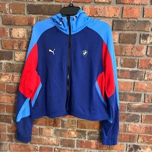 Puma + BMW Motorsports womens full zip cropped colorblock jacket blue/red XL